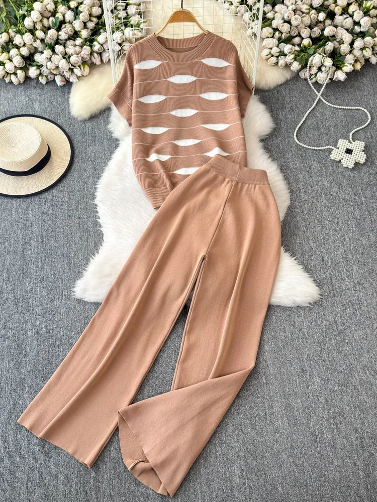 

Korean Sle Striped round Ne ort Sve Knitted Top High Waist Slim Straight Leg Pants Two Piece Set Summer New Arrival