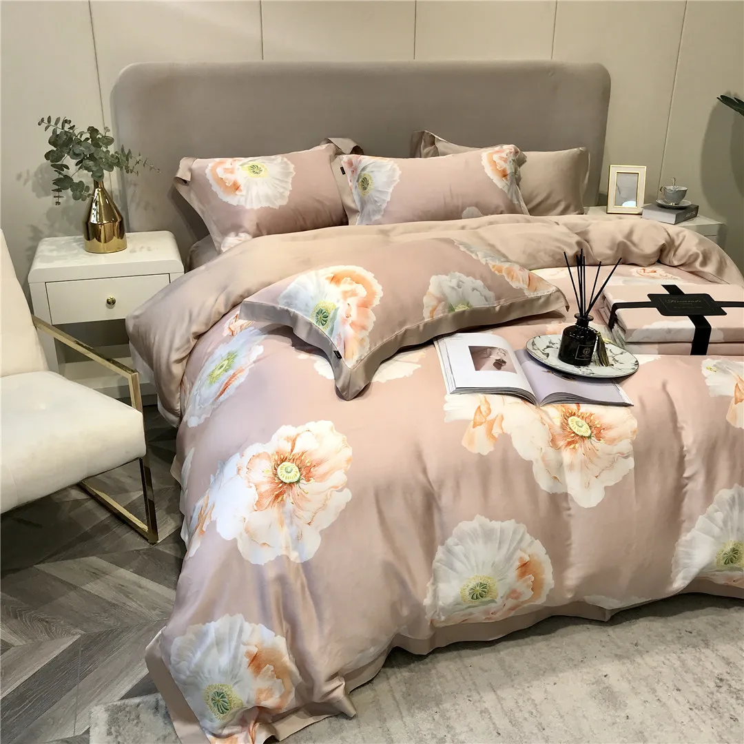 

2023 New Long Staple Cotton Plant Pattern Four-piece Bedding Household Must Four Seasons Universal Luxury Bedding Pink Red Color