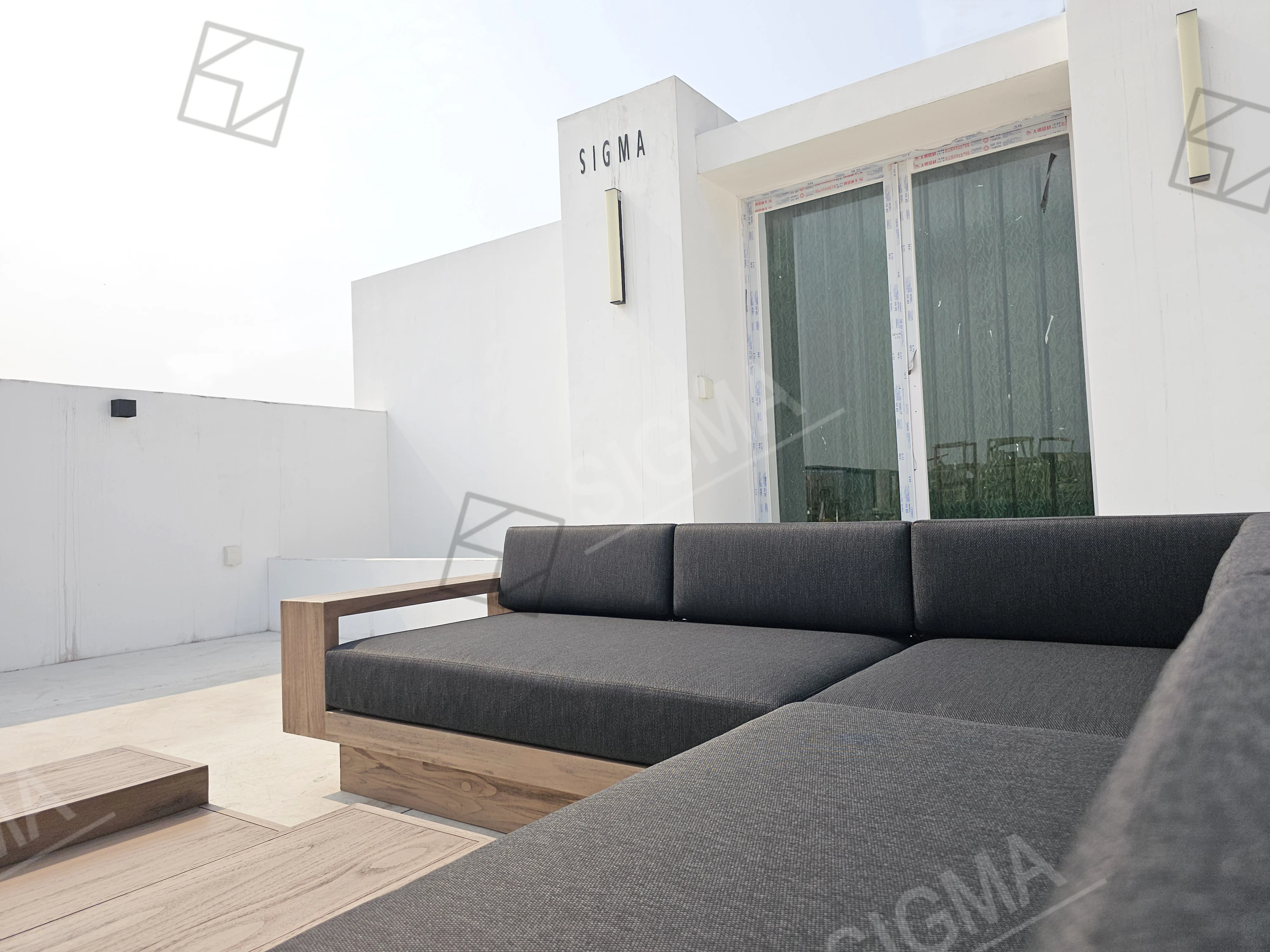 모던 가든 L자형 섹셔널 소파 티크 원목 고급 야외 라운지 티크 시그마 가구 파티오 정원 가구 세트