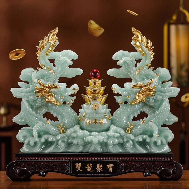 Double Dragon Treasure Bowl Fortune Qinglong Ornaments Living Room Office Decor Housewarming Business Gifts