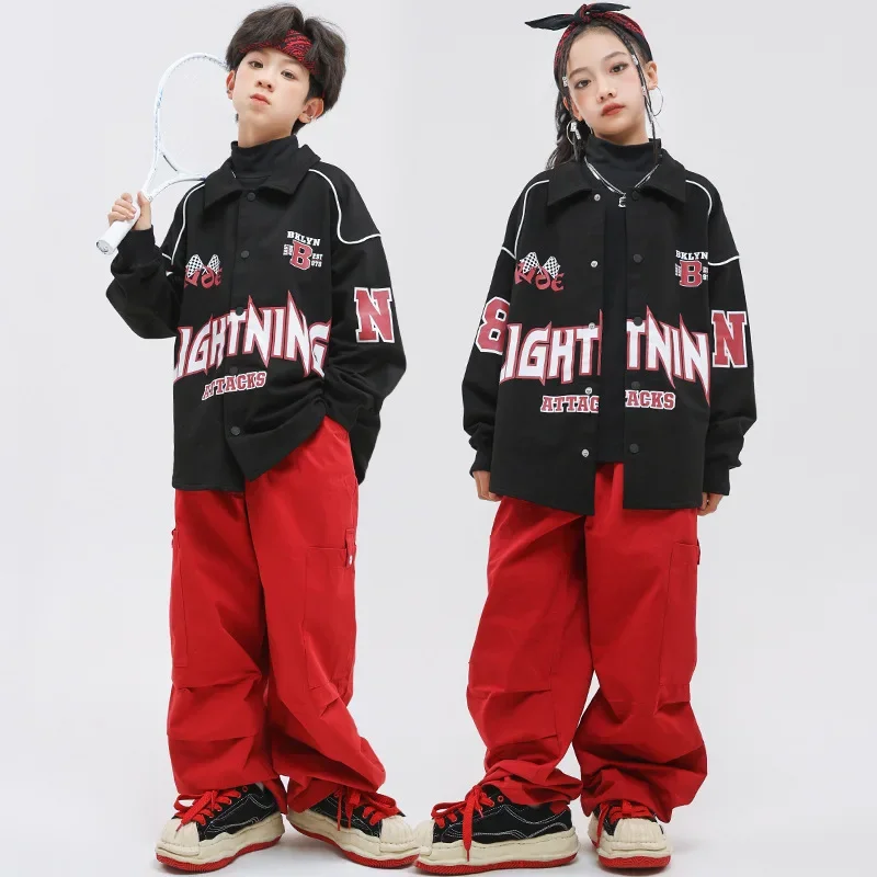 Kids Street Dance Costume Hip Hop Clothes Black Long Sleeve Tops Fashion Red Baggy Pants Teenagers Modern Dance Performance Wear