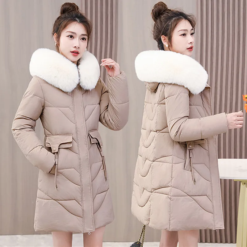 

Women's Cotton Jacket Autumn Winter New Korean Slim Thickened Warm Parkas Middle Aged Mother Mid Length Fur Collar Hooded Coat