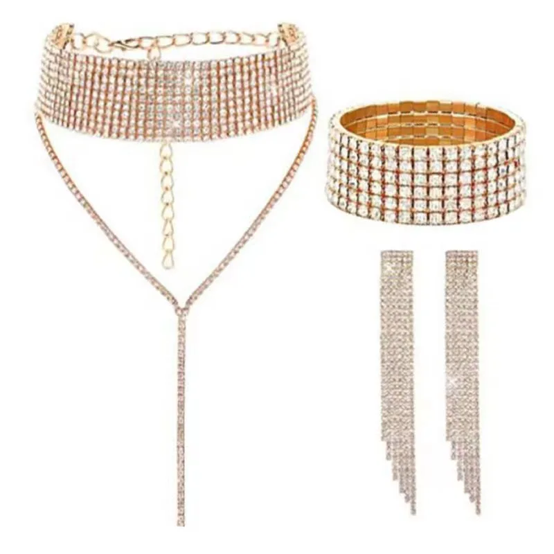 Accessory Bundle Neck Chain Necklace Amazon Hot Item Jewelry Full Diamond Claw Chain Bracelet Earrings Neck Chain 3 Piece Set