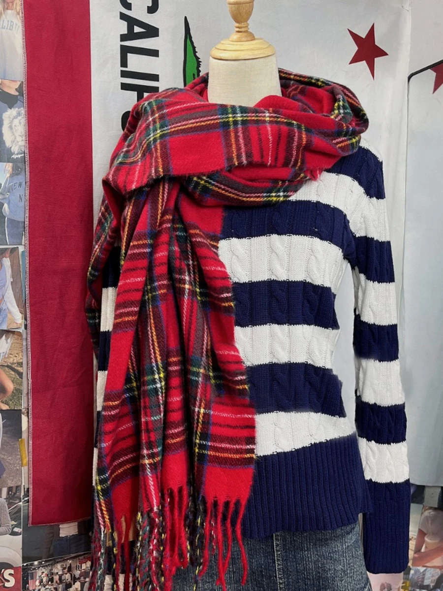 New Red Plaid Tassel Scarf For Women Autumn Winter Unisex Warm Long Size Casual Fashion Vintage Preppy Style Scarves 2024