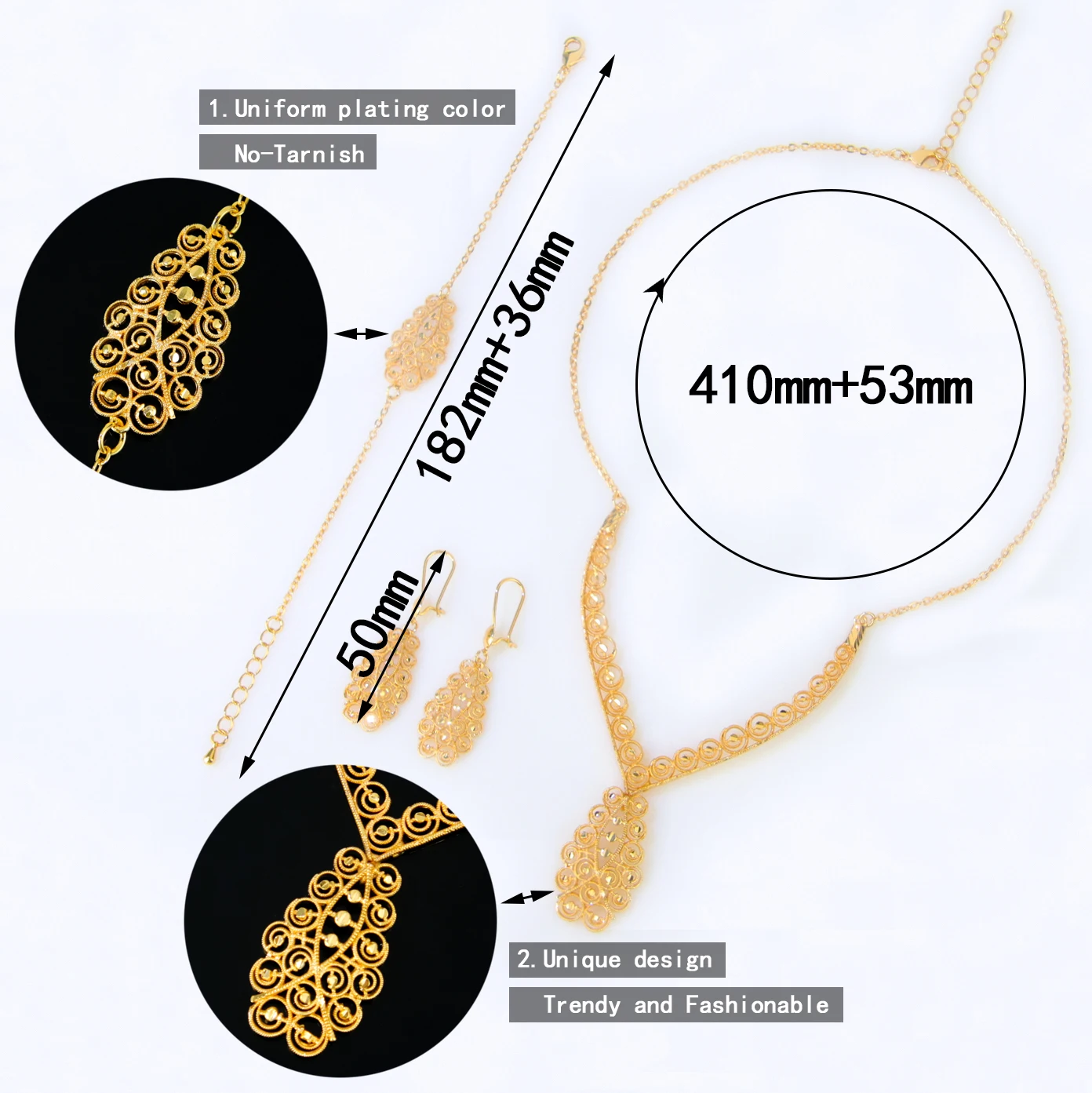 Klassisches Dubai-Gold-Hochzeitsschmuck-Set, 21 Karat vergoldet, Äthiopien, Braut-Halskette, Armband, Ohrringe, Nigeria, Vintage-Schmuck – Detail 4