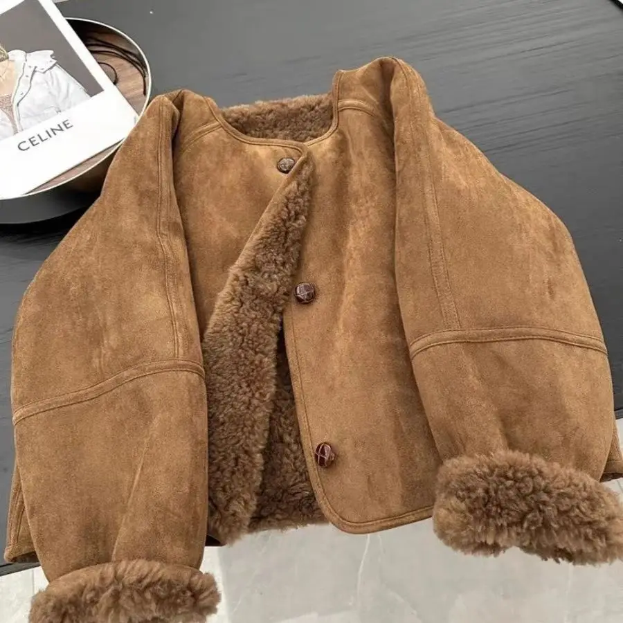 2025 Winter Women's Friendly Brown Jacket Faux Shearling Fur Coat Cardigan Lined Suede Fleece Thickened Top Style Outfits
