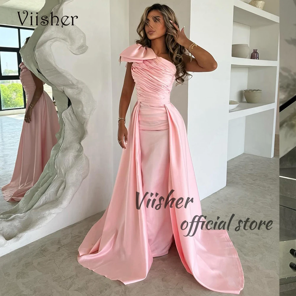 

Viisher Pink One Shoulder Mermaid Evening Prom Dresses for Women Pleats Satin Arabian Dubai Formal Occasion Dress with Train