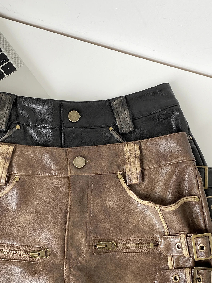 2025年夏新作 アメリカンスタイル レトロ ローウエスト PUレザー ショートパンツ レディース デザイン スリムフィット お尻カバー ホットパンツ トレンド