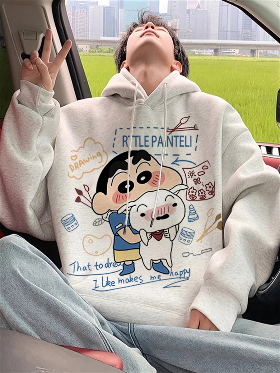 American Lazy Chic Cartoon Crayon Pen Xiao Xin Felpa con cappuccio con stampa lunga Sve Loose Fit ex Felpa Capispalla per l'autunno