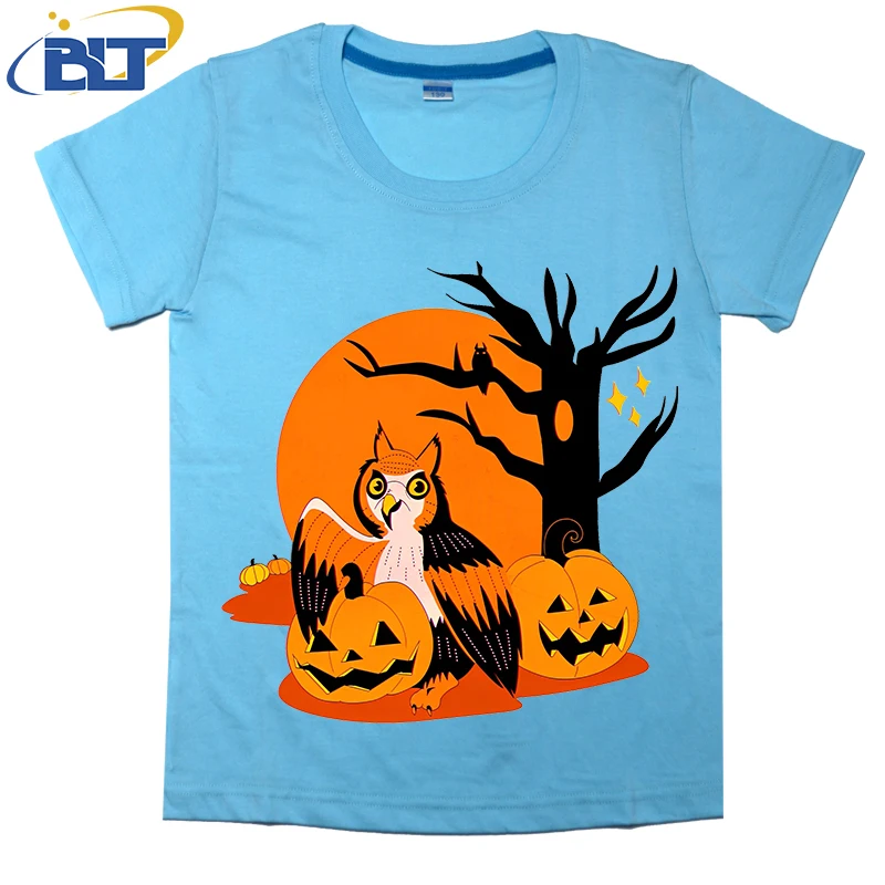 Camiseta con estampado de búho de Halloween para niños, Tops casuales de manga corta de algodón, verano, adecuado para niños y niñas