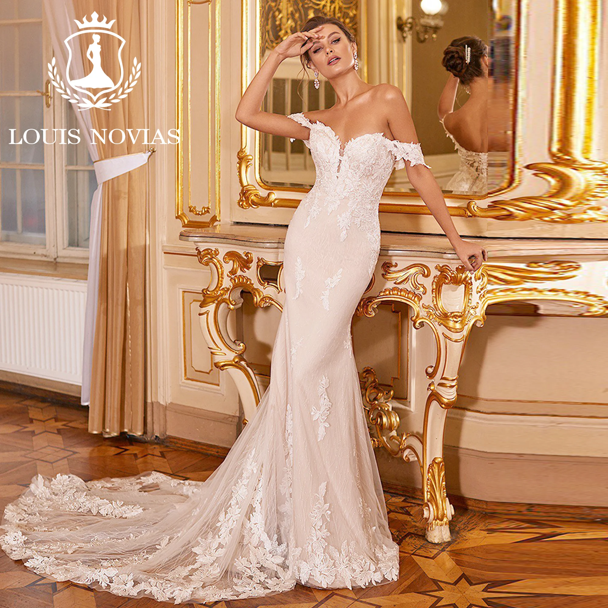 

LOUIS NOVIAS Mermaid Sweetheart Wedding Dress Sexy Modern Cap Sleeve Embroidered Organza Trumpe Wedding Gown Vestidos De Novia