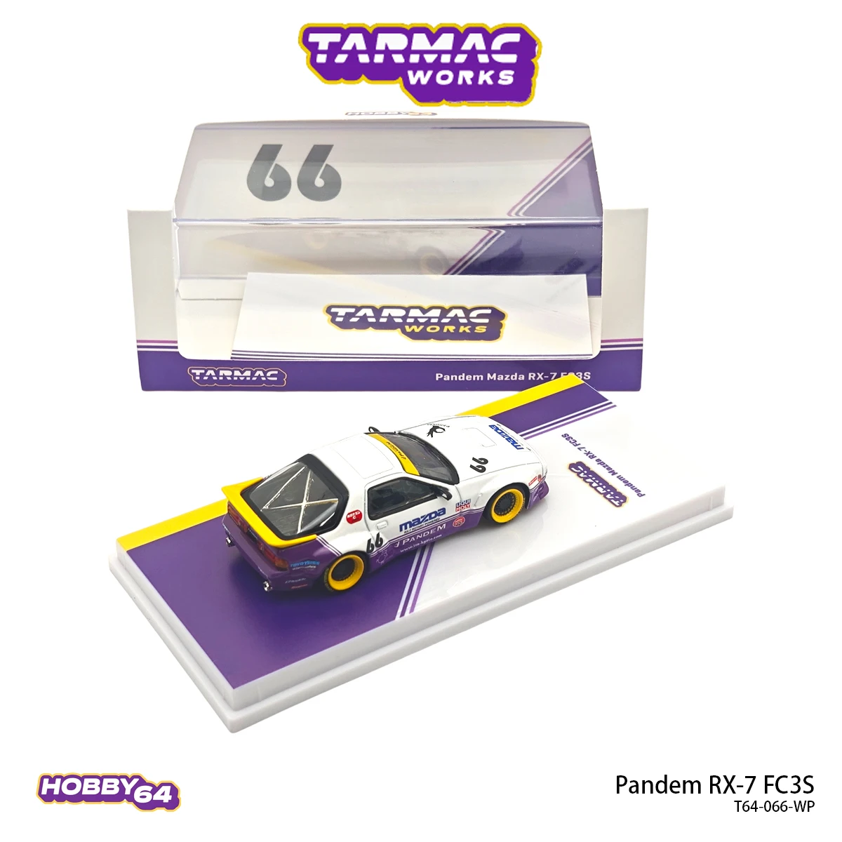 In Stock Tarmac Works Hobby64 T64-066-WP 1:64 Pandem RX-7 FC3S White Purple Yellow Livery Widebody Diecast Model Car