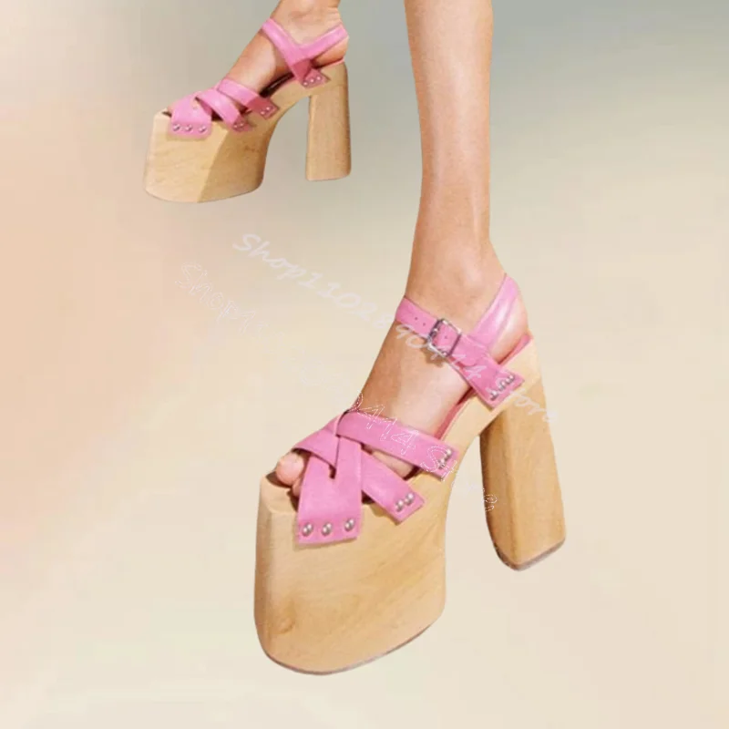 

Pink Strappy Hollow Design Wooden Platform Sandals Buckle Strap Women Shoes Chunky High Heels New Party 2024 Zapatos Para Mujere