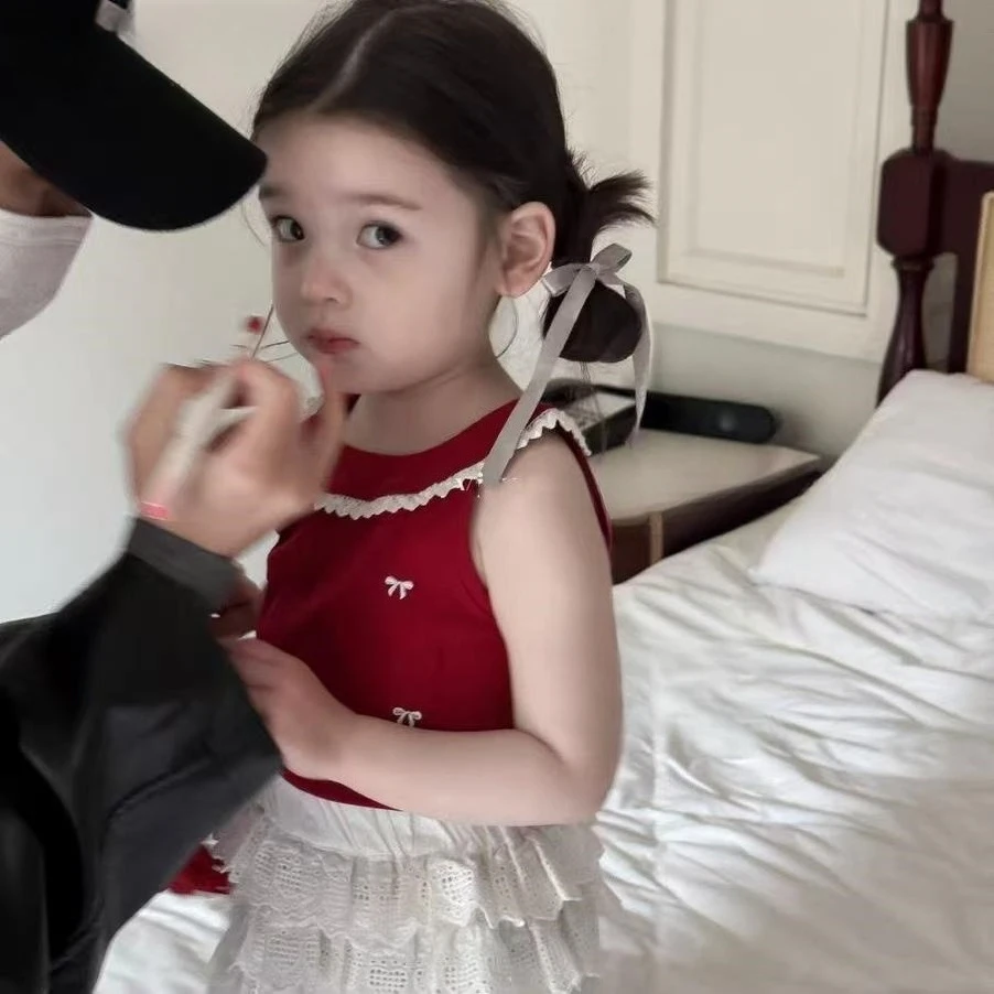Ballet aesthetics summer female treasure red bow embroidered vest hollow cake culottes baby set two-piece set