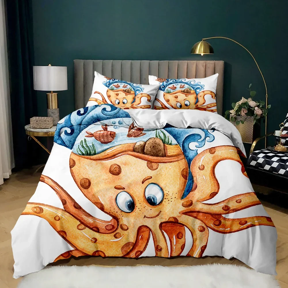 Cartoon Octopus Duvet Cover Sea Animal Orange Blue 3D Print Soft Polyester Marine Life Bedroom Decorations for Children Adults