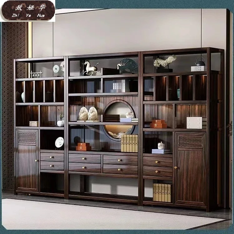 Ebony Duobao bookshelf bookcase with lamp office living room display cabinet new Chinese solid wood bogu shelf combination