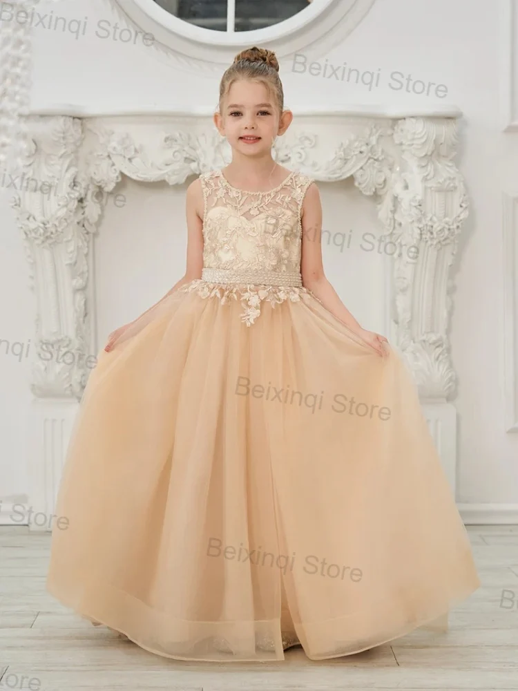 

Flower Girls Elegant Party Dresses Sale Champagne Color Tulle Lace Long Skirt Kids Formal Occasion Wedding Birthday Ball Gown