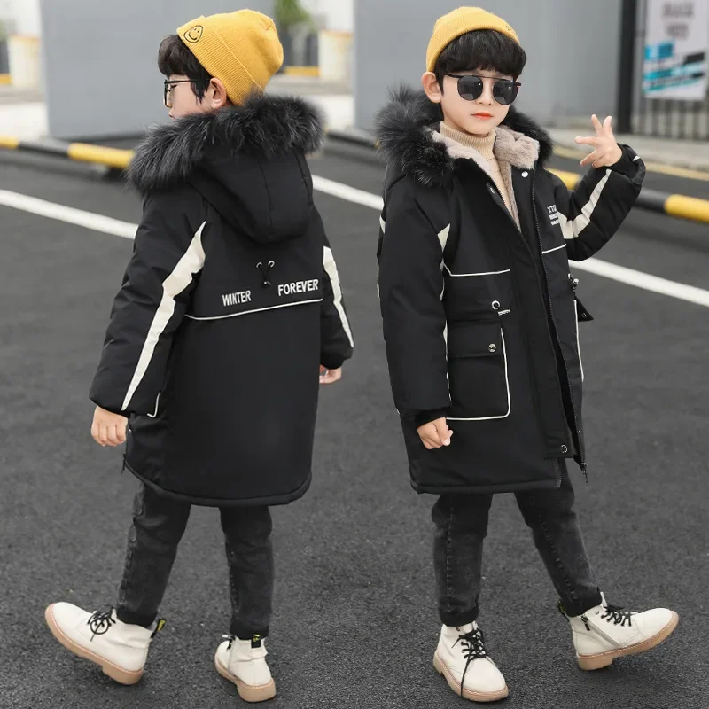 Winter Warmth Boys Fur Hood Fleece Lined Drawstring Zip Long Puff Jacket School Kids Therme Parka Child Snow Coat Outfit E4983