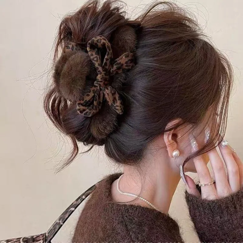 1 قطعة الراقية ليوبارد طباعة القوس مشبك شعر ، فو فرو المنك أنيق القرش كليب لظهر الرأس Updos إكسسوارات الشعر #3