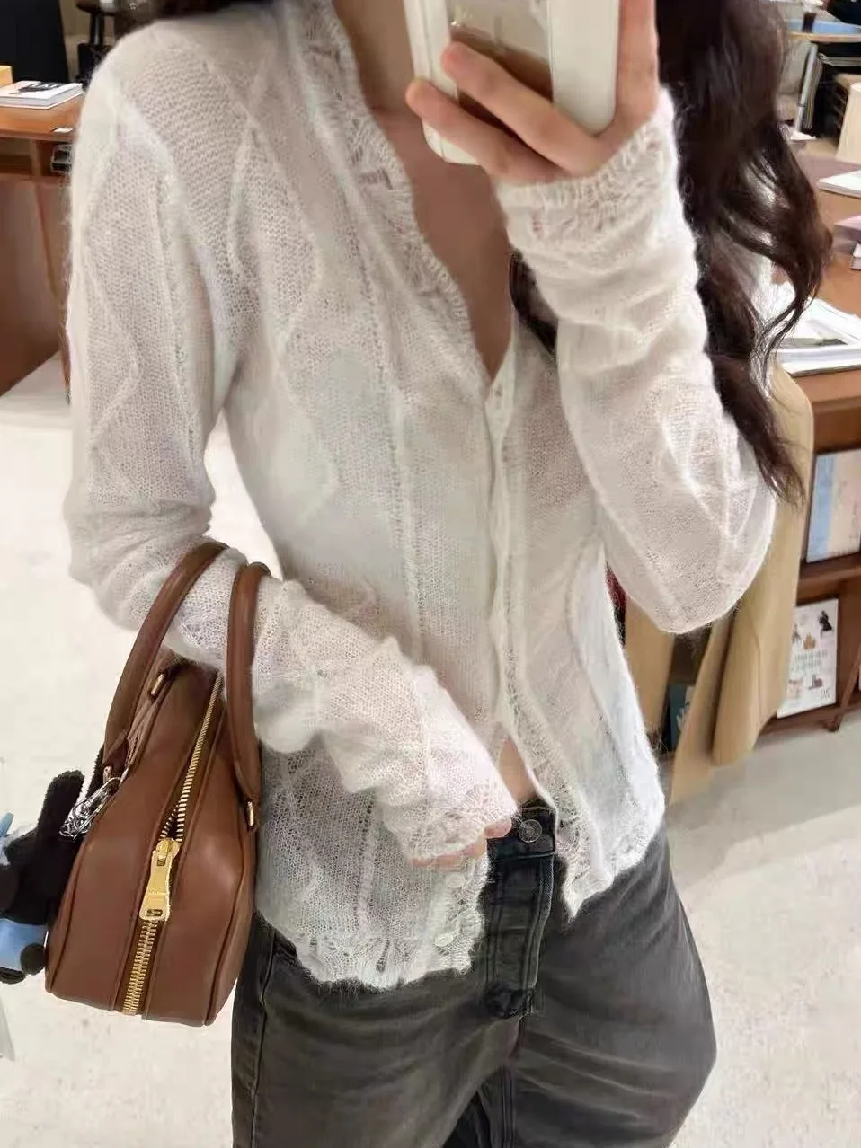 White Hollow out Knitted Cardigan Women's Spring High Sense Waist Cinching Sweater Cover up Soft Style Outerwear