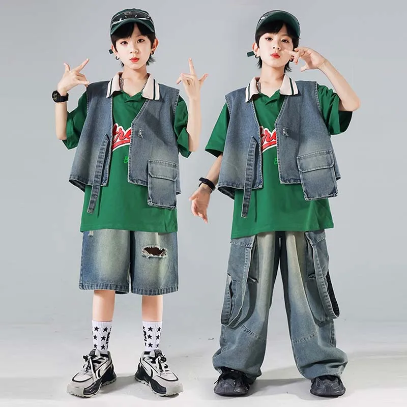 

Уличная танцевальная одежда для мальчиков, детская одежда для джазовых танцев и представлений, модная одежда в стиле хип-хоп, зеленая футболка-поло, спортивные шорты, новинка AMY585