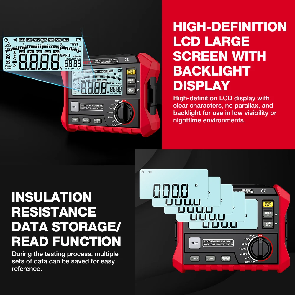 HT5203 i HT5205 duży LCD cyfrowy miernik rezystancji Tester RCD/pętli 0-100GΩ DC 1000V AC 750V Tester wyłącznika wycieku