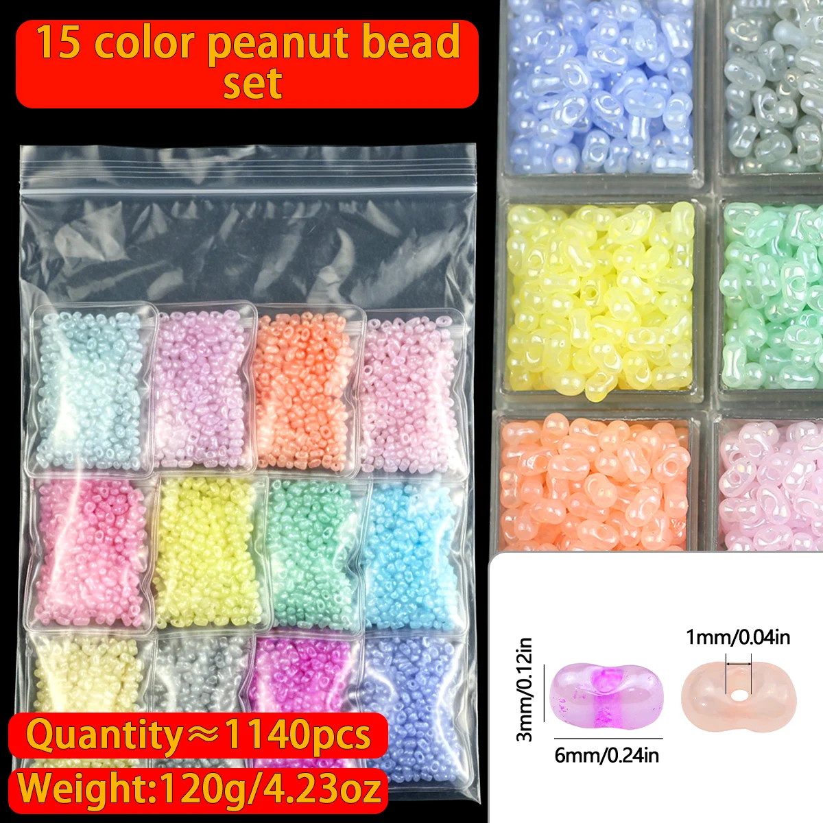 12 Colors 3x6mm 1140Pcs Set Multicoloured Glossy Glass Loose Beads for Jewelry Making Bracelet Necklace Keychain DIY Accessories
