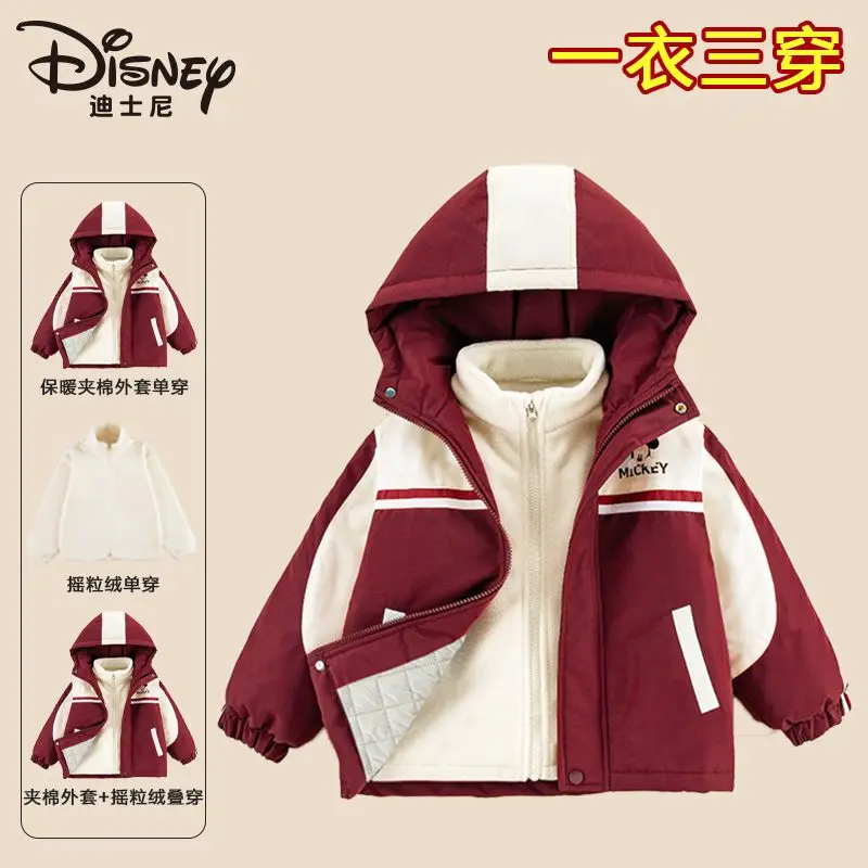 Disney Mickey เด็กชายและเด็กหญิงน่ารักฤดูใบไม้ร่วงและฤดูหนาวส่วนบุคคลอินเทรนด์การ์ตูนประกบผ้านวมแจ็คเก็ตลําลองสามในหนึ่งเดียว