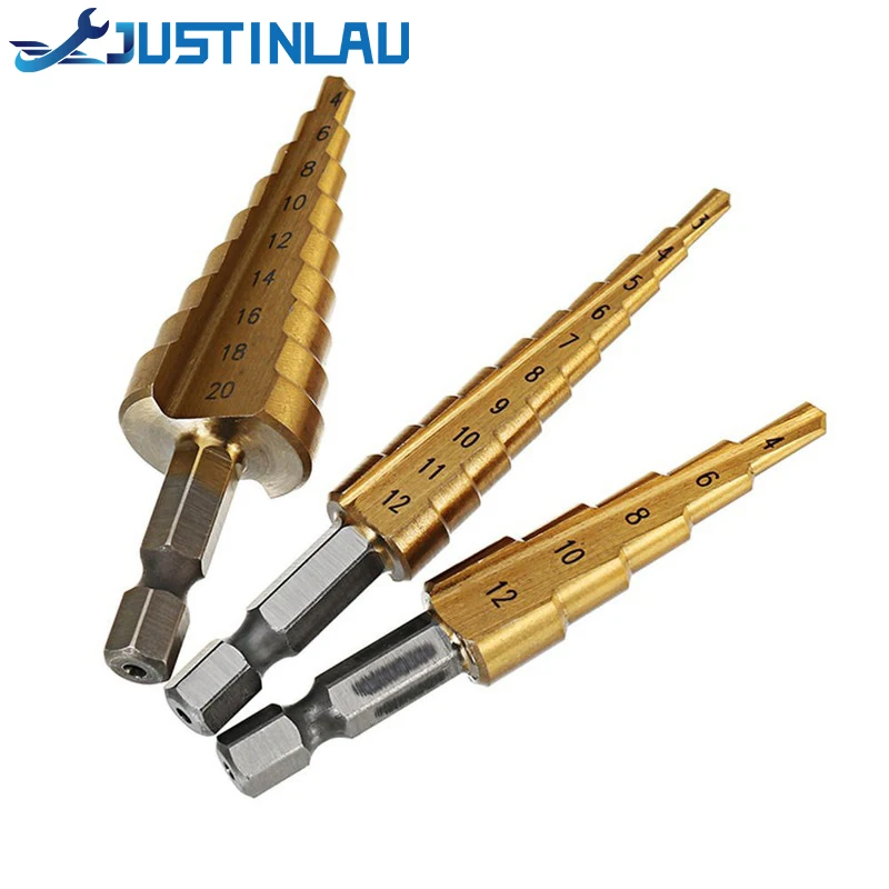 JUSTINLAU 3Pcs 1/4 Inch Hex Shank HSS Titanium Coated Step Drill Bit Set 3-12/4-12/4-20mm