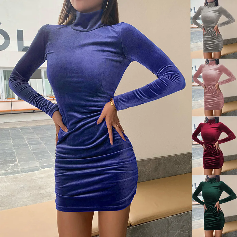 

Spring Velvet Dress Women Long Sleeve Turtleneck Bodycon Fold Mini Dresses Solid Femme Slim Elegant Party Dress Vestido De Noche