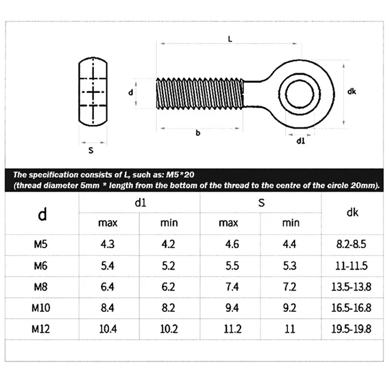 1/2Pcs M5 M6 M8 M10 M12 304 Stainless Steel Ring Link Bolt Fisheye Eye Slip Hole Screw Length 20/25/30/35/40/45/50/55/60~150mm