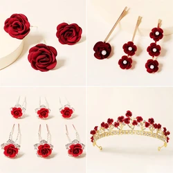Red Flower Tiara Wedding Crown Rose Hair Pins and Clips Floral Bride Hair Accessories Jewelry Headpiece Women Bridesmaid Gift