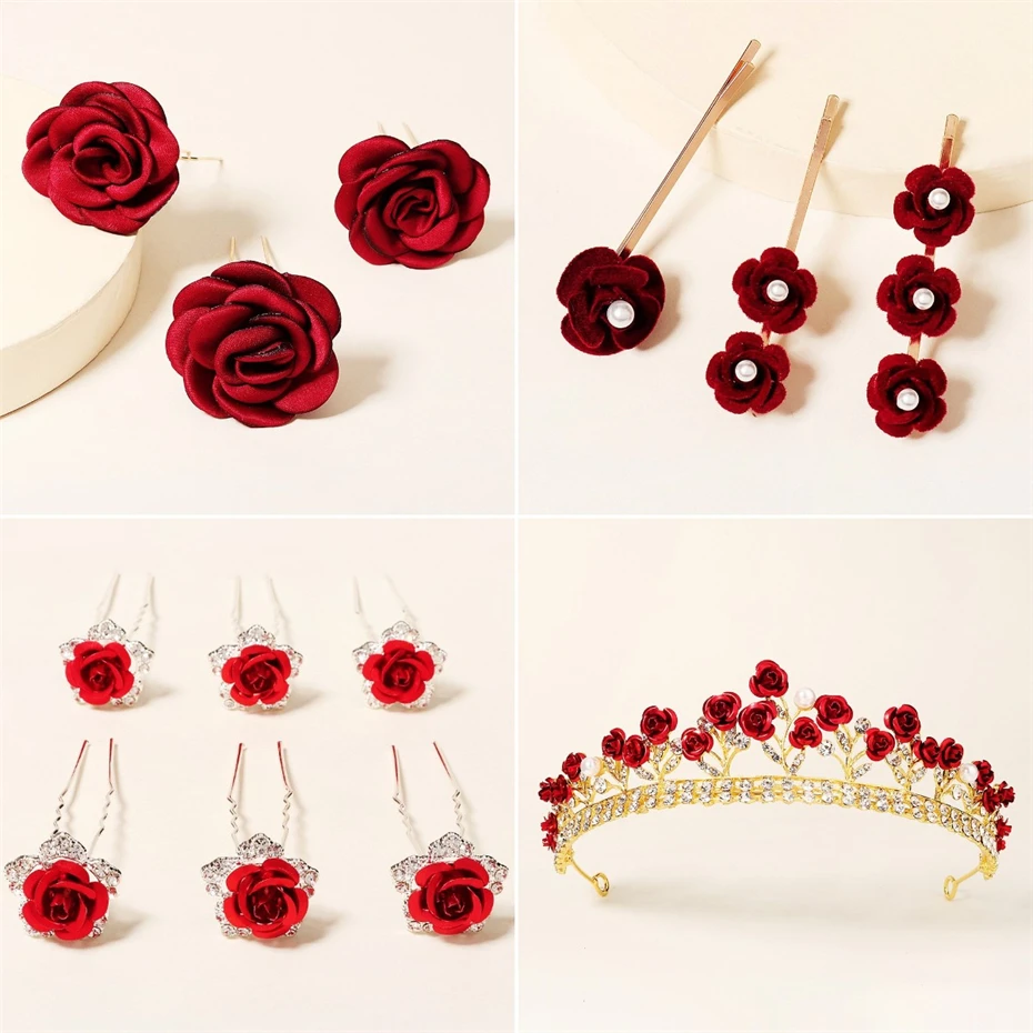 Red Flower Tiara Wedding Crown Rose Hair Pins and Clips Floral Bride Hair Accessories Jewelry Headpiece Women Bridesmaid Gift
