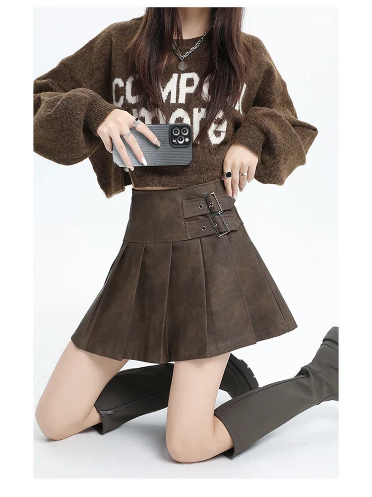 

Coffee pu leather skirt pleated skirt women's spring and autumn new short skirt Maillard wears small man