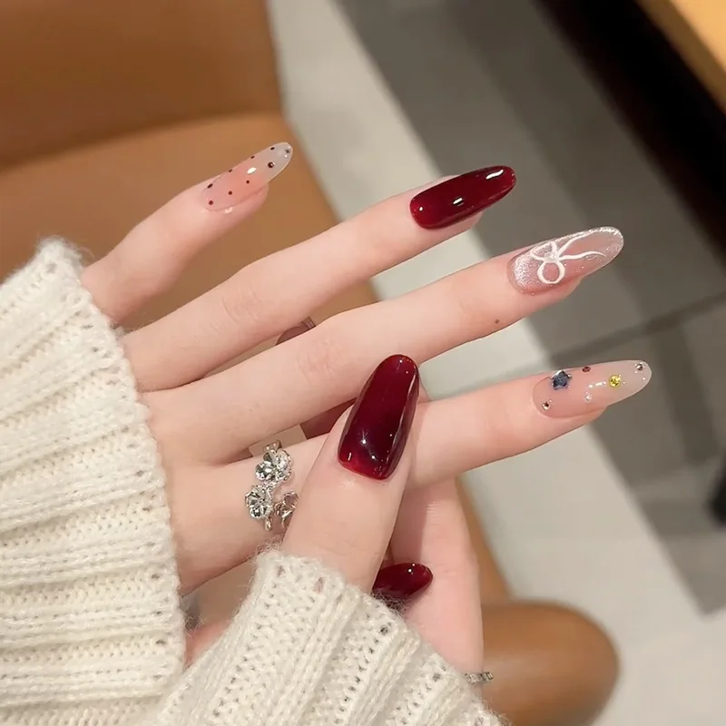 

24 Pcs Spring and Summer Press on Nails Rhinestone Red Bowknot Fake Nails for Women Nail Tips with Tools Prosthetic Nail Set