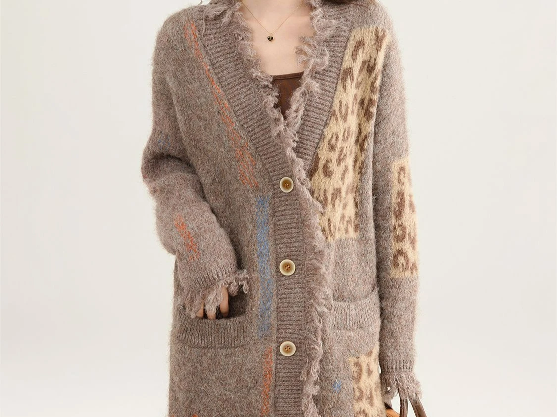 Cárdigan suelto de punto empalmado para mujer, suéter con diseño de leopardo grueso Vintage, abrigo para otoño e invierno