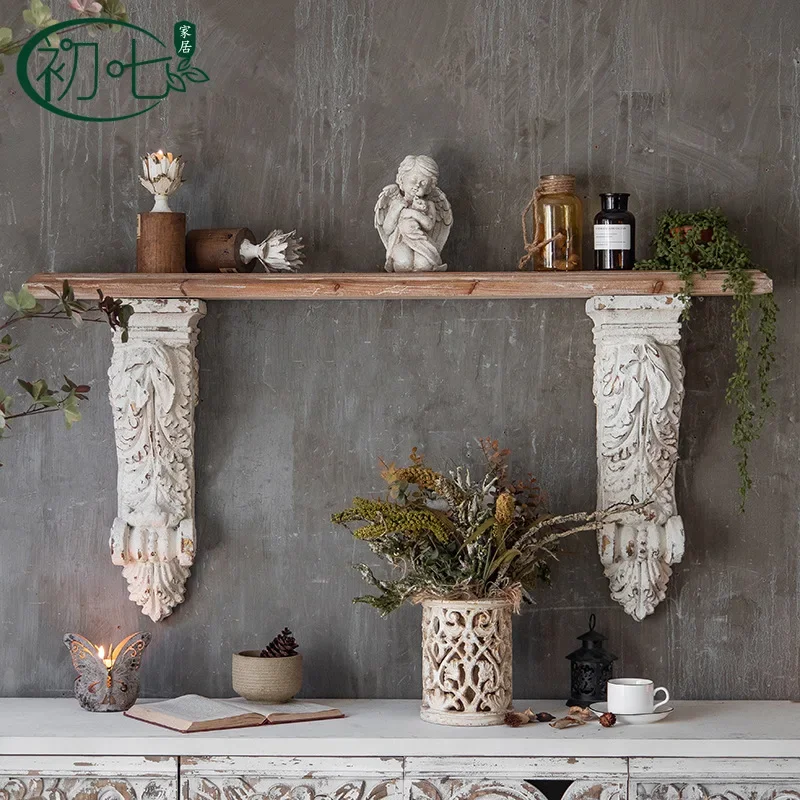 French Carved Wood Wall Shelf - Antique Photo Studio Display Board, Rustic Art Storage Rack for Bedroom/Living Room Decor