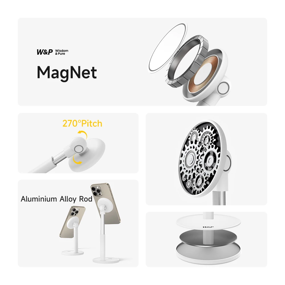 W&P Magnetic Phone Desk Stand - 360° Rotation, Aluminum Live Bracket for iPhone, Samsung, Huawei, Android Phones & Tablets