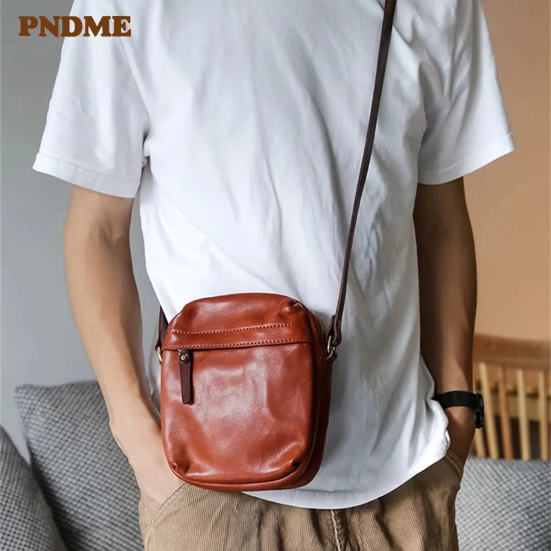 

PNDME Simple Vintage Luxury Genuine Leather Men's Shoulder Bag Outdoor Weekend Daily Natural Real Cowhide Phone Crossbody Bag