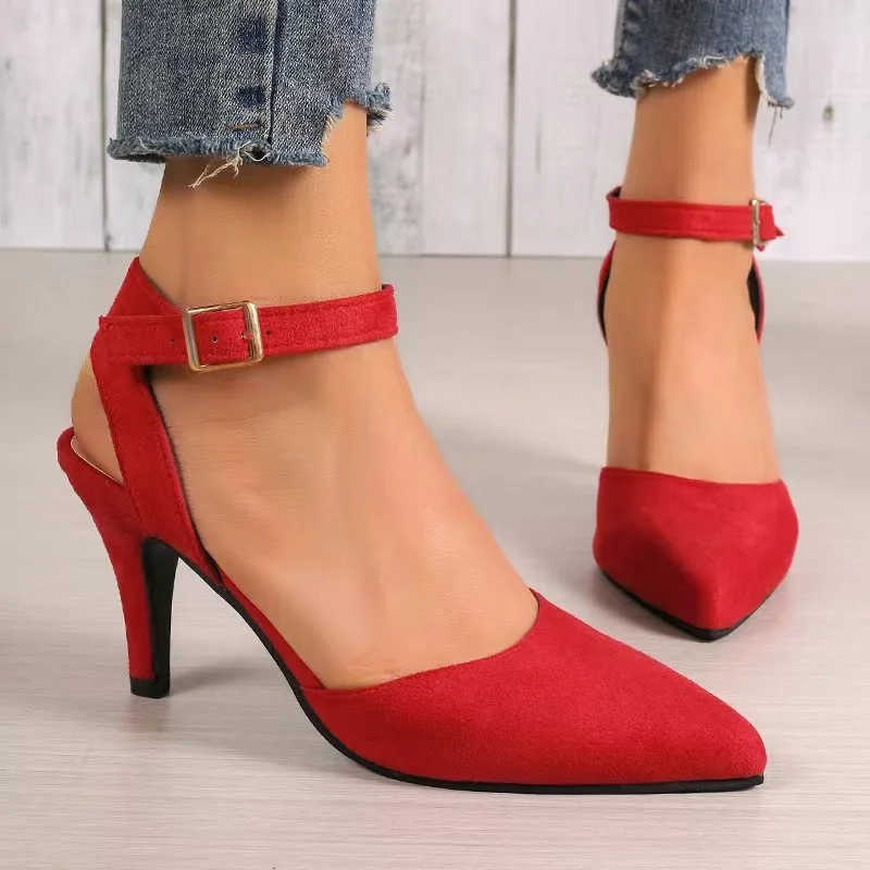 Elegant Flock High Heels for Women Solid Color Buckle Slingback Women\'s Sandals Sexy Stiletto Heel Banquet Office Shoes Female