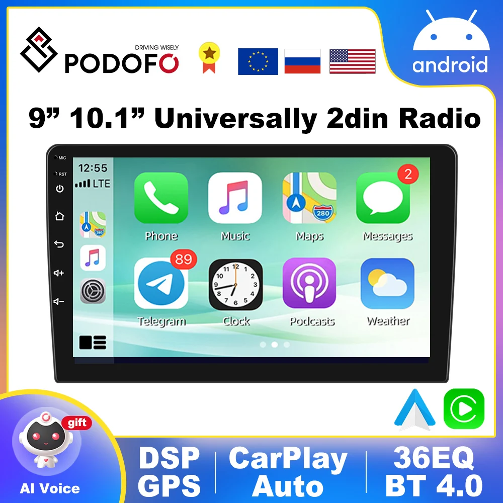 Podofo 9'' Multimedia player android 2 Din Car Radio 8Core 128GB RDS GPS Map For Nissan Toyota Volkswagen Mazda Kia VW Peugeot