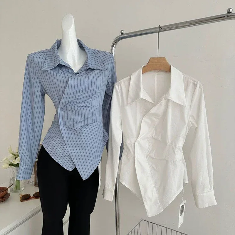 Korean Fashion Blue Striped Shirts Women Waist-cinching Design Long Sleeve Blouse Women Spring and Summer White Shirt Women