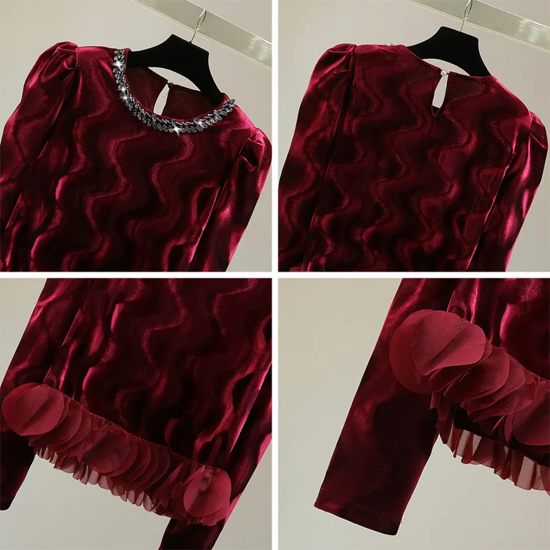 Diamond studded nail bead shiny exterior bottom shirt 2024 autumn Korean  high waist short petal wave edge shirt