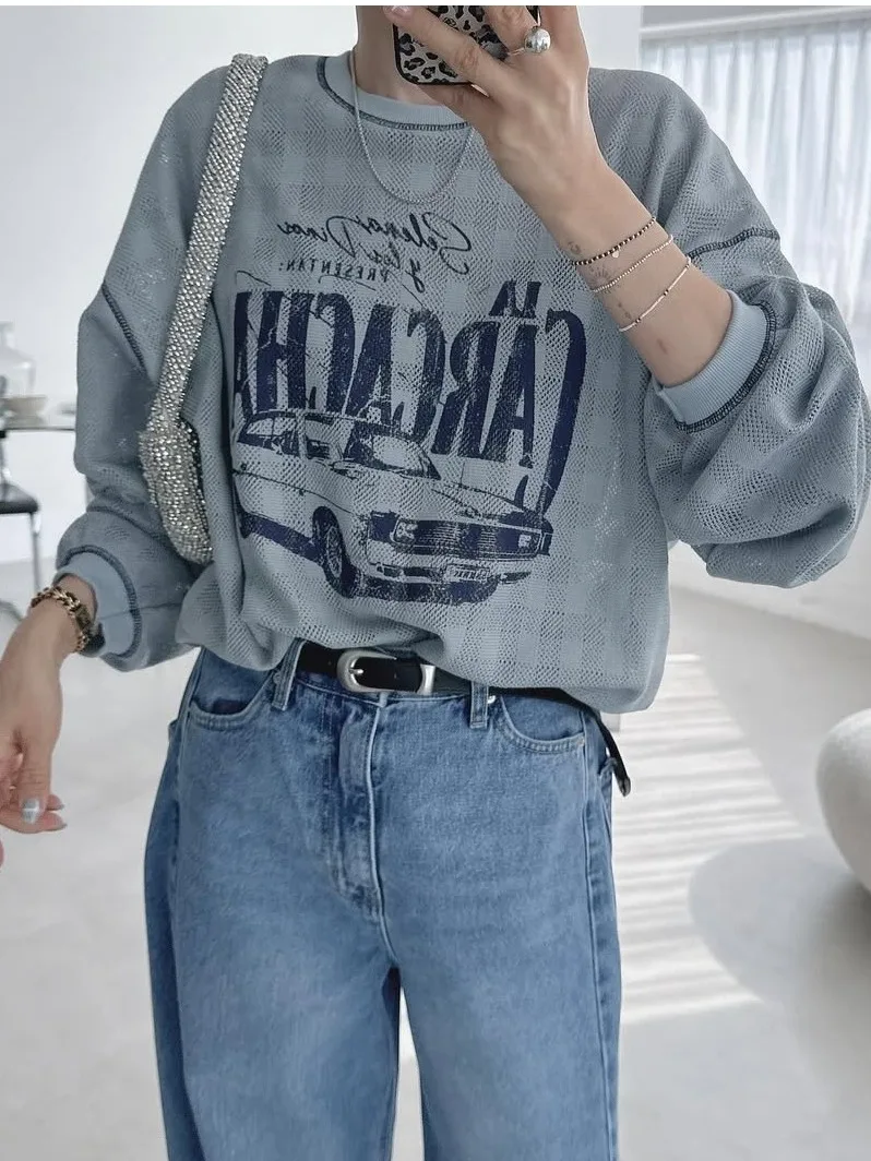 Camiseta Retro redonda Ne Long Sve, capa Base para mujer, diseño con estampado de letras irt, corte holgado, novedad de otoño Sle Chic Sle