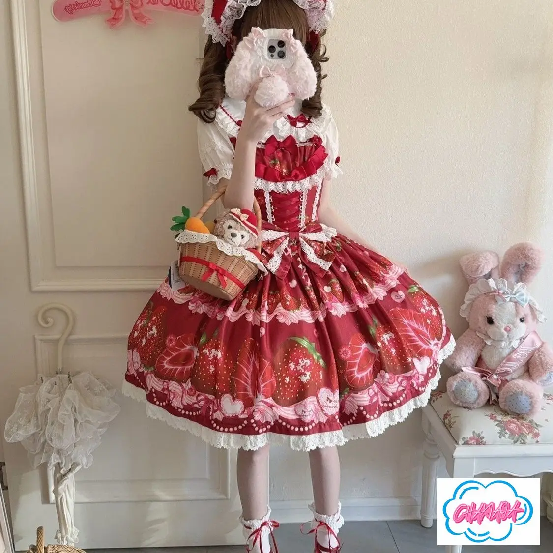 

Japanese Design Retro Preppy Style Skirt​​ ​​ Sweet Strawberry Cute Dress Womens Lolita A-Line Skirt Suspender Dress Summer