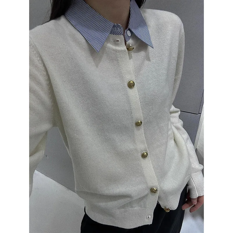 2024 Spring and Autumn Knitted Cardigan Female Temperament High-quality Lapel Shirt Collar False Two Joker Top Women