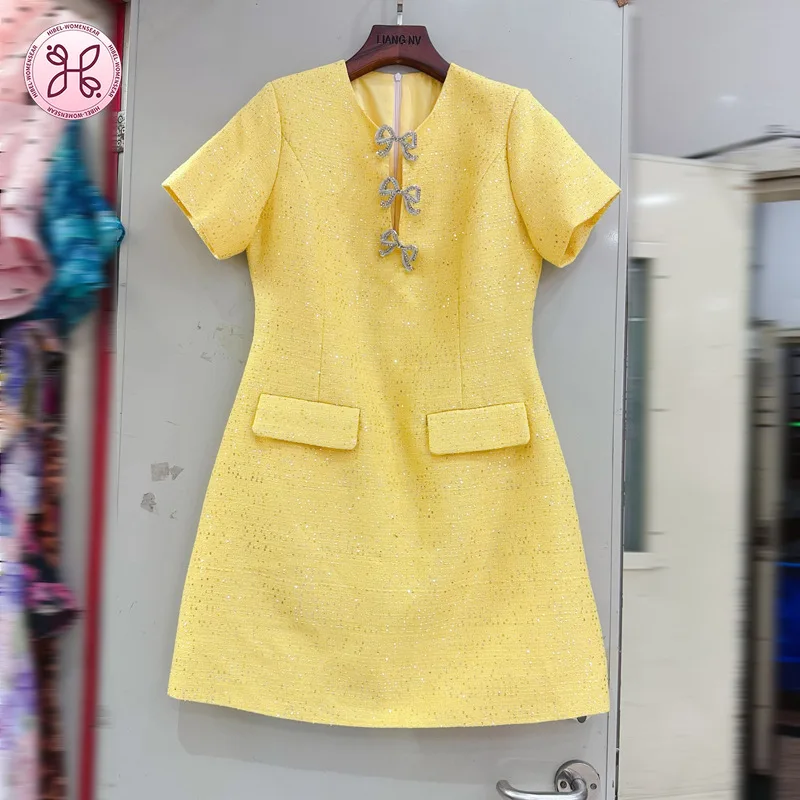 Luxury French Tweed Dress - Summer Cut-Out Waist Short Sleeve (Women's Elegant Chanel-Inspired Party Wear)