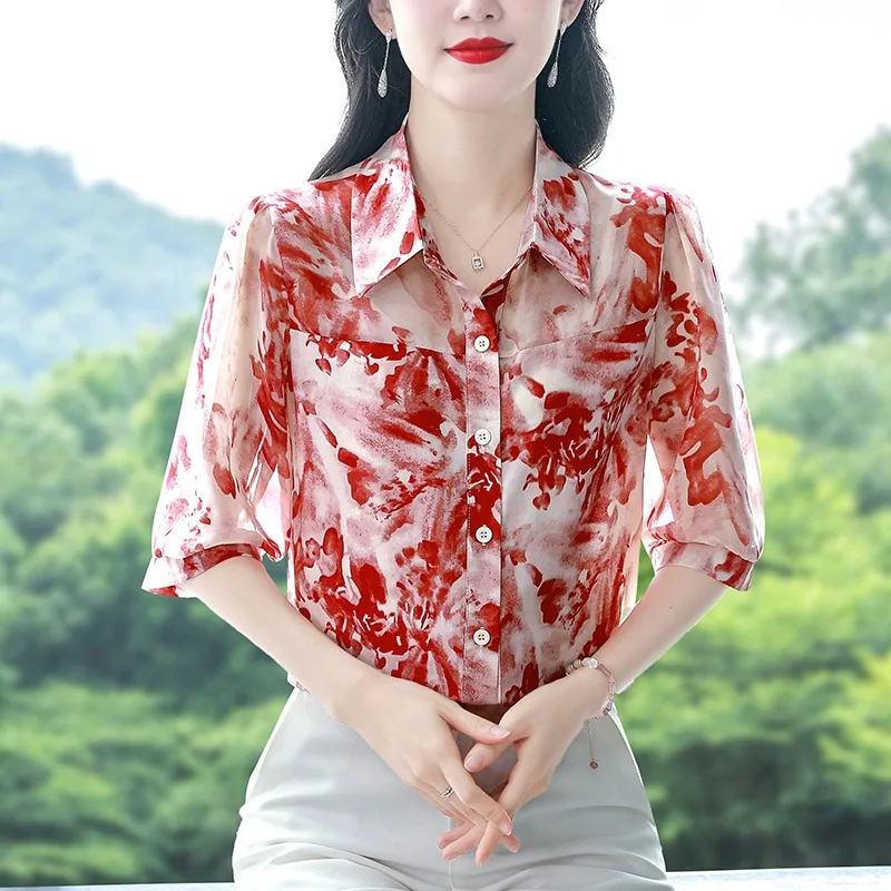 Vintage damesblouses bedrukte vintage shirts mode losse zomerkleding chiffon damestops met korte mouwen