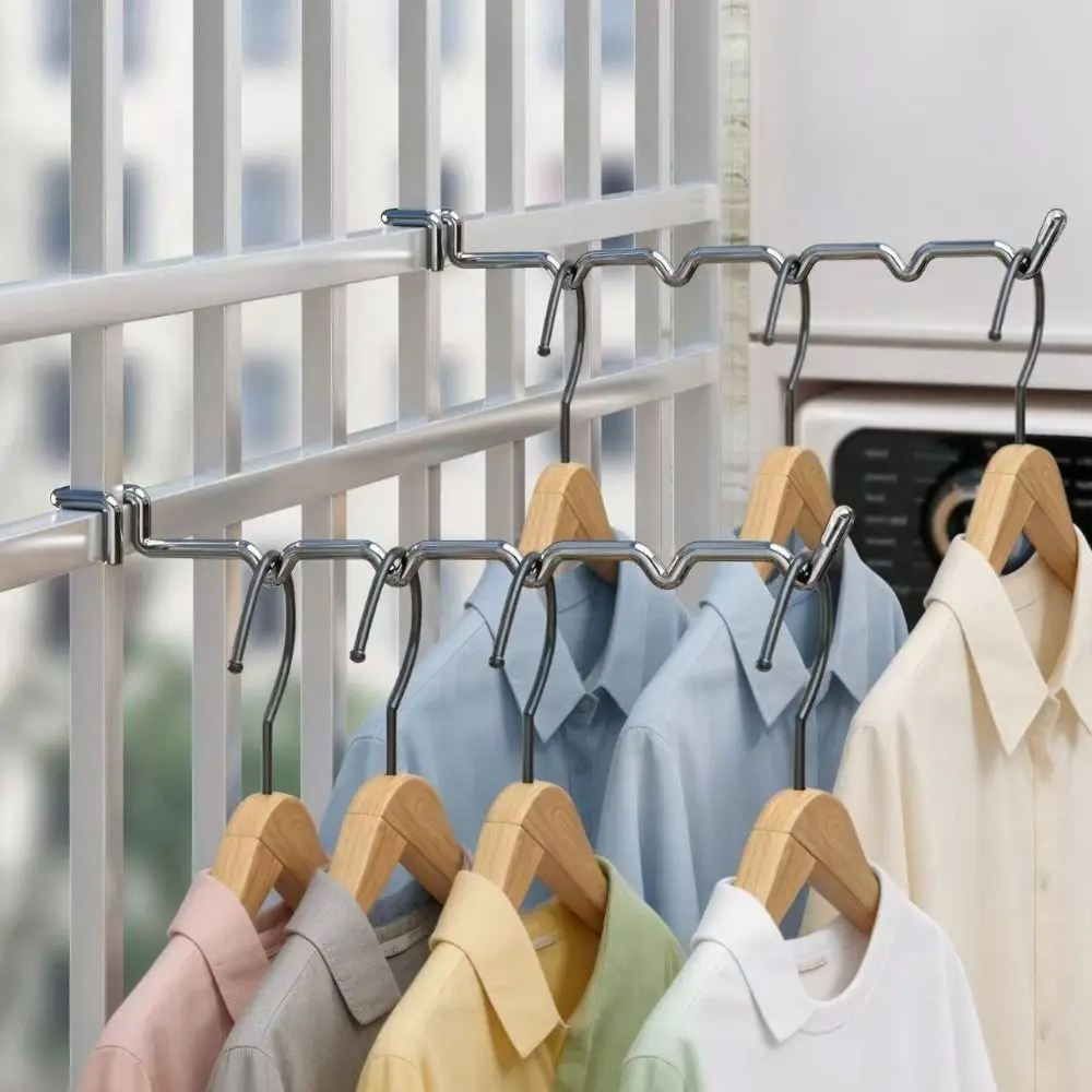 Stainless Steel Balcony Clothes Hanger Wave Shaped Multiple Hanging Slots Railing Drying Rack Hook Mount No Drill