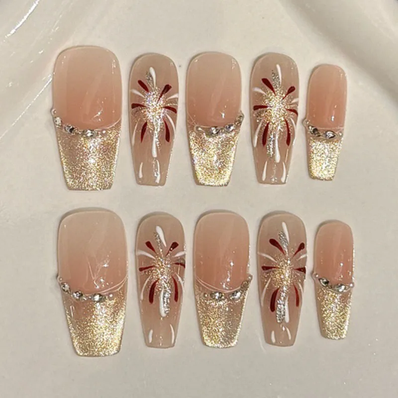 

Midnight Sparkling | Delicate Cat Eye Medium Coffin Press On Nails Glittering Fake Nails 10pcs Handmade Reusable Nail Art Tips